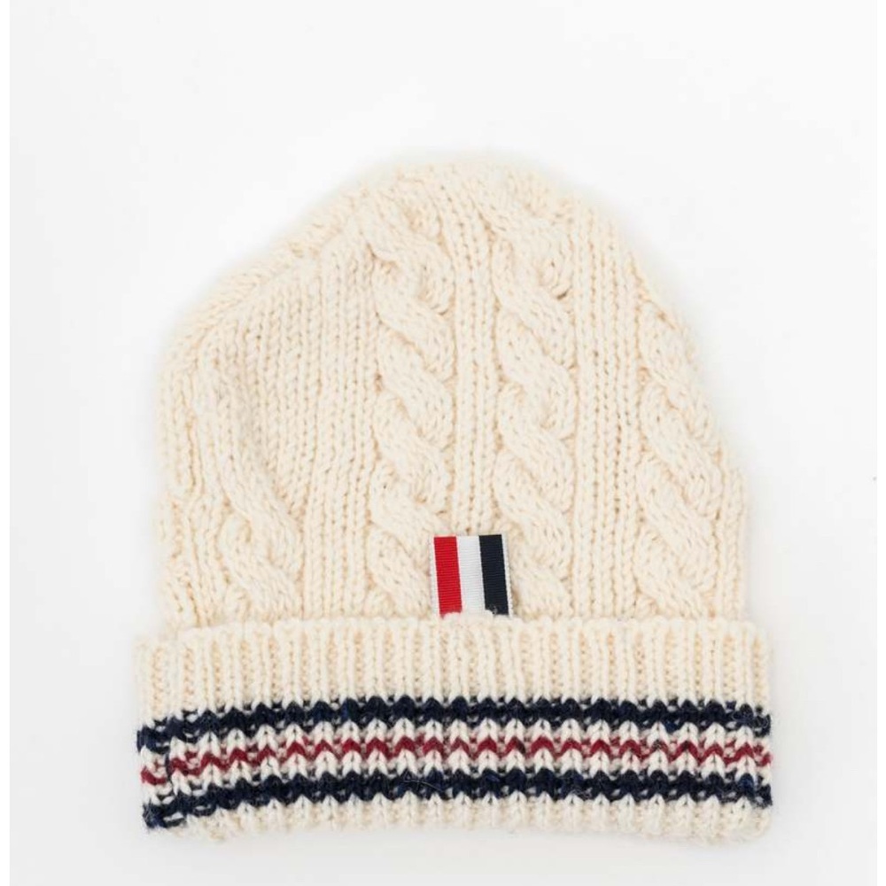 Thom Browne Cream Cable Knit Beanie with Red & Navy Trim